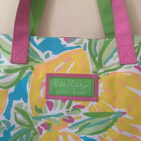 Lilly Pulitzer × Estée Lauder Lemon Canvas Tote Bright Citrus Painted Print - Picture 3 of 5